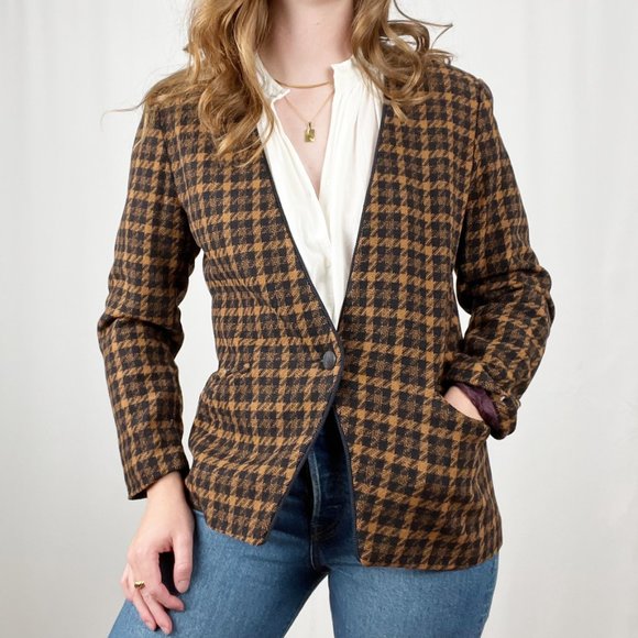Vintage Union Made Oversized Wool Houndstooth Tweed Knit Plaid Blazer Suit Coat - Picture 5 of 10